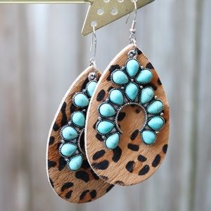 NEW-Turquoise & Leopard Teardrop Earrings